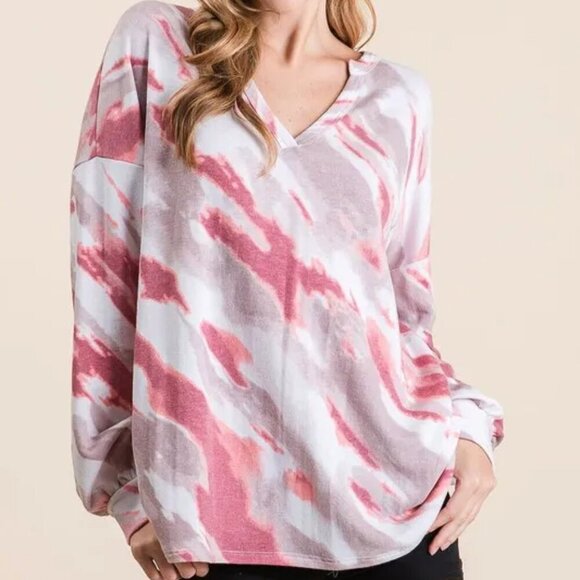 BiBi Tie Dye French Terry Top with Balloon Sleeves - Picture 1 of 5